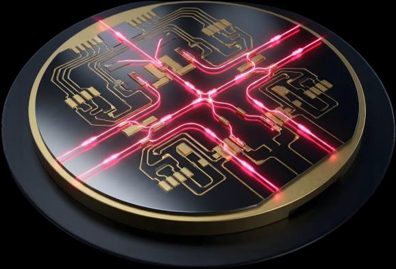 MoRF photonic chip — circular wafer with red laser circuitry
